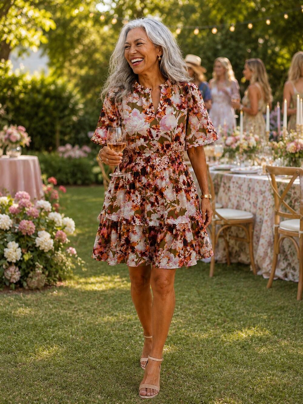 JODIFL Breezy Bronze Floral Teared, Flutter Sleeved Mini Dress NWT SMALL